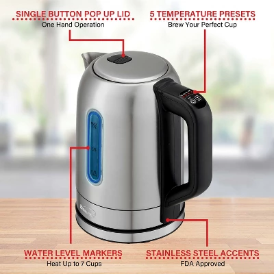 Brentwood 1,500-Watt 1.79-Qt. Cordless Digital Stainless Steel Kettle With 5 Temperature Presets And Swivel Base In Black 4 Brentwood 1,500-Watt 1.79-Qt. Cordless Digital Stainless Steel Kettle With 5 Temperature Presets And Swivel Base In Black - Image 4