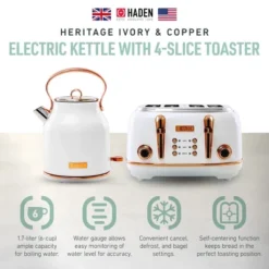 Haden Heritage 4 Slice Wide Slot Stainless Steel Toaster Bundled With 1.7 Liter Stainless Steel Electric Water Kettle, Ivory & Copper