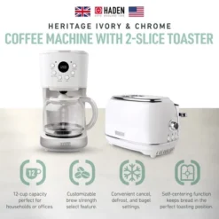 Haden 12 Cup Programmable Coffee Maker With Brew Strength Control With Heritage 2 Slice Wide Slot Stainless Steel Bread Toaster, White