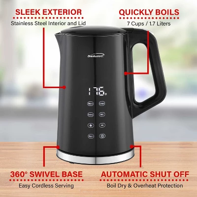 Brentwood 1,100-Watt 1.7-L Cordless Cool-Touch Digital Electric Kettle With Stainless Steel Interior, BTWKT2015DBK In Black 8 Brentwood 1,100-Watt 1.7-L Cordless Cool-Touch Digital Electric Kettle With Stainless Steel Interior, BTWKT2015DBK In Black - Image 8