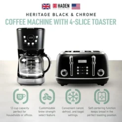 Haden Heritage 4 Slice Wide Slot Stainless Steel Toaster Bundled With 12 Cup Programmable Drip Coffee Maker Coffee Machine, Black & Chrome