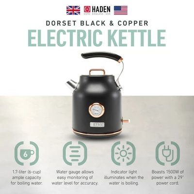 Haden Dorset 1.7 Liter Stainless Steel Electric Kettle, Hot Water Kettle With 360-Degree Base And Auto Shutoff, Black & Copper 1 Haden Dorset 1.7 Liter Stainless Steel Electric Kettle, Hot Water Kettle With 360-Degree Base And Auto Shutoff, Black & Copper