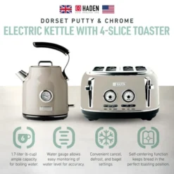 Haden Dorset 4 Slice Wide Slot Stainless Steel Toaster Bundled With 1.7 Liter Stainless Steel Electric Kettle With 360-Degree Base, Putty & Chrome