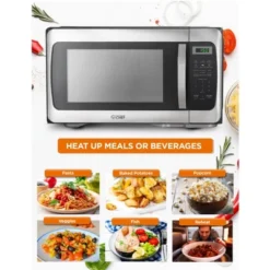COMMERCIAL CHEF 1.1 Cu Ft Microwave With 10 Power Levels, Push Button Door Lock, Turntable And Digital Controls, Stainless Steel