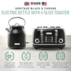 Haden Heritage 4 Slice Wide Slot Stainless Steel Toaster Bundled With 1.7 Liter Stainless Steel Electric Water Kettle, Black & Chrome