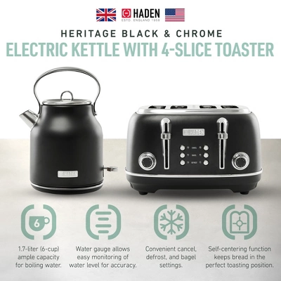 Haden Heritage 4 Slice Wide Slot Stainless Steel Toaster Bundled With 1.7 Liter Stainless Steel Electric Water Kettle, Black & Chrome 1 Haden Heritage 4 Slice Wide Slot Stainless Steel Toaster Bundled With 1.7 Liter Stainless Steel Electric Water Kettle, Black & Chrome