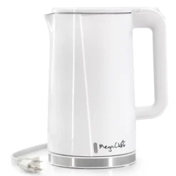 MegaChef 1.7L Double Wall Stainless Steel Electric Tea Kettle White: 90-Day Warranty, 1000W, Hand Wash, Plastic Handle